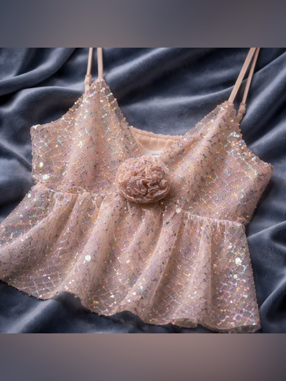 Idem Ditto women’s Sparkle champagne Sequin Tulle spaghetti strap top rosette